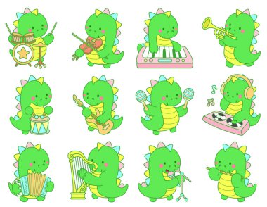 Çocuklar için sevimli dinazor karakter klibi resimleri. Müzik ve enstrümanın varyasyonunda dinazor