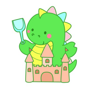 Çocuklar için sevimli dinazor karakter klibi resimleri. Dinozor kumdan kale oynuyor.