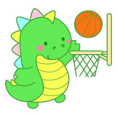 Çocuklar için sevimli dinazor karakter klibi resimleri. Basketbol oynayan dinozor.