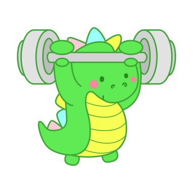 Çocuklar için sevimli dinazor karakter klibi resimleri. Dinozor bir dambılı kaldırıyor.