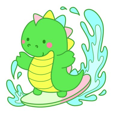 Çocuklar için sevimli dinazor karakter klibi resimleri. Dinozor sörf yapıyor.