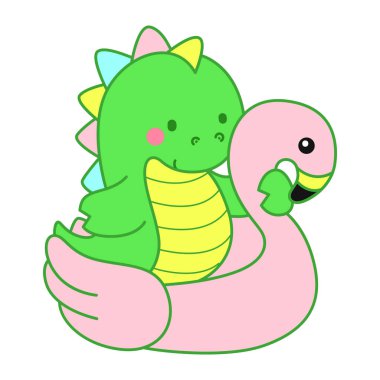 Çocuklar için sevimli dinazor karakter klibi resimleri. Flamingo lastiğine sıkışmış bir dinozor.