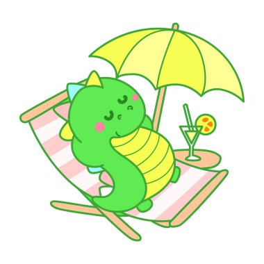 Çocuklar için sevimli dinazor karakter klibi resimleri. Sahilde yatan dinozor.