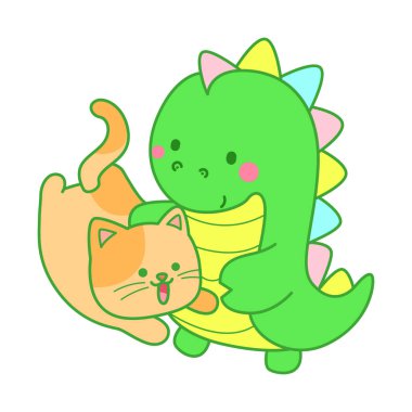 Çocuklar için sevimli dinazor karakter klibi resimleri. Dinozor kediyle oynuyor