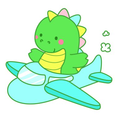 Çocuklar için sevimli dinazor karakter klibi resimleri. Dinozor uçağa biniyor.