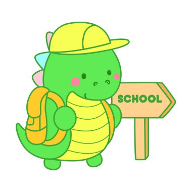 Çocuklar için sevimli dinazor karakter klibi resimleri. Dinozor okula gitmek istiyor.