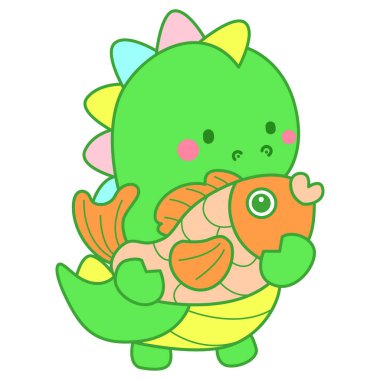 Çocuklar için sevimli dinazor karakter klibi resimleri. Dinozor bir süs balığı getirir.