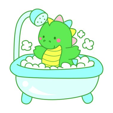 Çocuklar için sevimli dinazor karakter klibi resimleri. Dinozor banyo yapıyor.