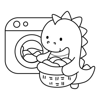 Çocuklar için sevimli dinazor karakter klipsi sanatı boyama kitabı. Çamaşır makinesinde çamaşır yıkayan dinozor taslağı.