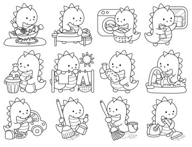 Çocuklar için sevimli dinazor karakter klipsi sanatı boyama kitabı. Ev işleri ve çamaşır çeşitlerindeki dinozorların ana hatları