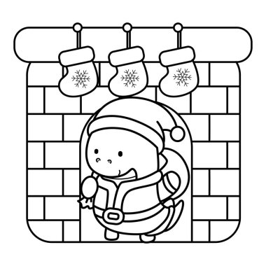 Çocuklar için şirin dinozor karakterli Noel vektör klipsi sanatı boyama kitabı. Dinozorun şöminedeki ana hatları