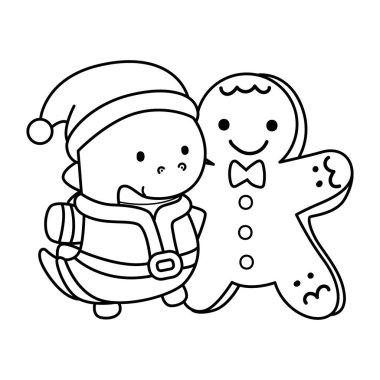 Çocuklar için şirin dinozor karakterli Noel vektör klipsi sanatı boyama kitabı. Zencefilli ekmekle dinozorun ana hatları