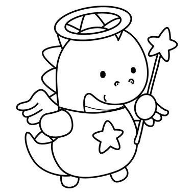 Çocuklar için şirin dinozor karakterli Noel vektör klipsi sanatı boyama kitabı. Melek kostümü giyen dinozor çizgisi.