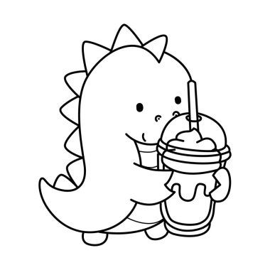 Çocuklar için sevimli dinazor karakter klipsi sanatı boyama kitabı. Dinozorların ana hatları milkshake getirir.