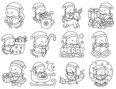 Çocuklar için şirin dinozor karakterli Noel vektör klipsi sanatı boyama kitabı. Yılbaşı partisinin varyasyonunda dinozorun ana hatları