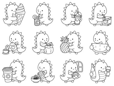 Çocuklar için sevimli dinazor karakter klipsi sanatı boyama kitabı. Dinazorların içki ve içecek çeşitlerinin ana hatları