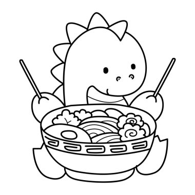 Çocuklar için sevimli dinazor karakter klipsi sanatı boyama kitabı. Dinozorların ana hatları ramen yemek istiyor.