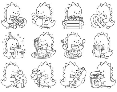 Çocuklar için sevimli dinazor karakter klipsi sanatı boyama kitabı. Fast food ve tatlı çeşitlerindeki dinozorların ana hatları.