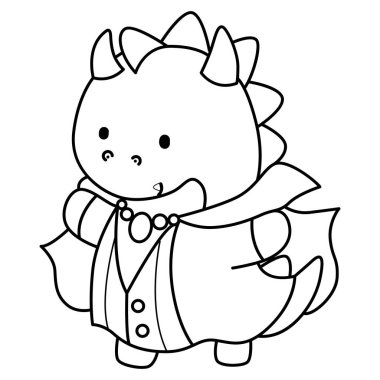 Çocuklar için şirin dinozor karakterinin boyama kitabı Cadılar Bayramı vektör klipsi sanatı. Vampir kostümü giyen dinozor çizgisi.