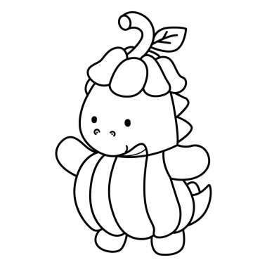 Çocuklar için şirin dinozor karakterinin boyama kitabı Cadılar Bayramı vektör klipsi sanatı. Kabak kostümü giyen dinozor çizgisi.