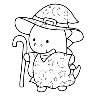 Çocuklar için şirin dinozor karakterinin boyama kitabı Cadılar Bayramı vektör klipsi sanatı. Cadı kostümü giyen dinozor çizgisi.