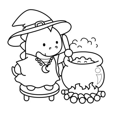 Çocuklar için şirin dinozor karakterinin boyama kitabı Cadılar Bayramı vektör klipsi sanatı. Cadı kostümü giyen ve yeşil iksir pişiren dinozorun ana hatları.