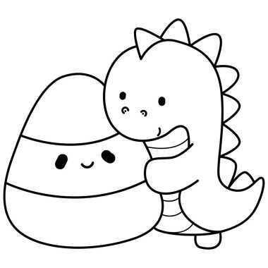 Çocuklar için şirin dinozor karakterinin boyama kitabı Cadılar Bayramı vektör klipsi sanatı. Dinozorun ana hatları sarı bir şeker getirir.