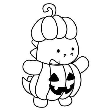 Çocuklar için şirin dinozor karakterinin boyama kitabı Cadılar Bayramı vektör klipsi sanatı. Cadılar bayramında balkabağı kostümü giyen dinozor çizgisi.