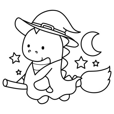 Çocuklar için şirin dinozor karakterinin boyama kitabı Cadılar Bayramı vektör klipsi sanatı. Cadı kostümü giyen ve süpürge sopasıyla uçan dinozor çizgisi.