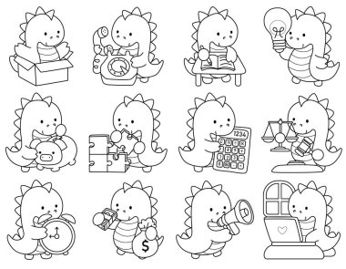 Çocuklar için sevimli dinazor karakter klipsi sanatı boyama kitabı. Dinazorların para ve finans çeşitliliğindeki ana hatları