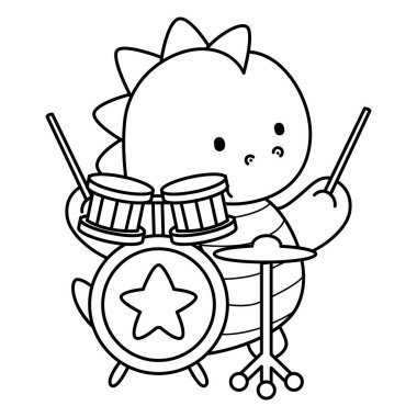 Çocuklar için sevimli dinazor karakter klipsi sanatı boyama kitabı. Grupta davul çalan dinozor taslağı.