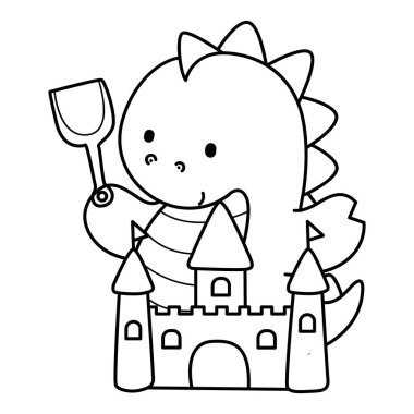 Çocuklar için sevimli dinazor karakter klipsi sanatı boyama kitabı. Kumdan bir kalede oynayan dinozorun ana hatları