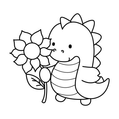 Çocuklar için sevimli dinazor karakter klipsi sanatı boyama kitabı. Dinozorun ana hatları bir güneş çiçeği getirir