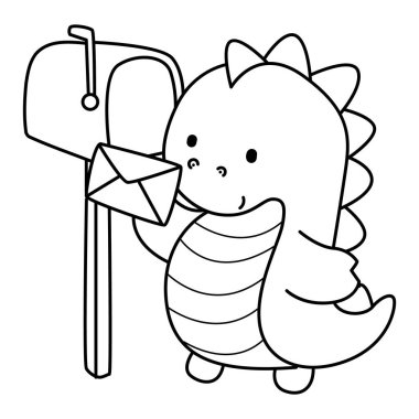 Çocuklar için sevimli dinazor karakter klipsi sanatı boyama kitabı. Dinozorun ana hatları iletiyi posta kutusuyla gönderir