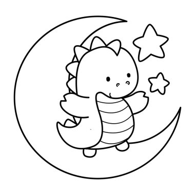 Çocuklar için sevimli dinazor karakter klipsi sanatı boyama kitabı. Aydaki dinozorun ana hatları