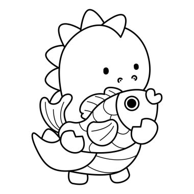 Çocuklar için sevimli dinazor karakter klipsi sanatı boyama kitabı. Dinozorun ana hatları altın bir balık getirir.