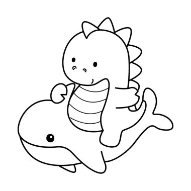 Çocuklar için sevimli dinazor karakter klipsi sanatı boyama kitabı. Köpekbalığına binen dinozor çizgisi