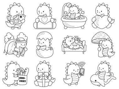 Çocuklar için sevimli dinazor karakter klipsi sanatı boyama kitabı. Günlük yaşamın çeşitliliğinde dinozorun ana hatları