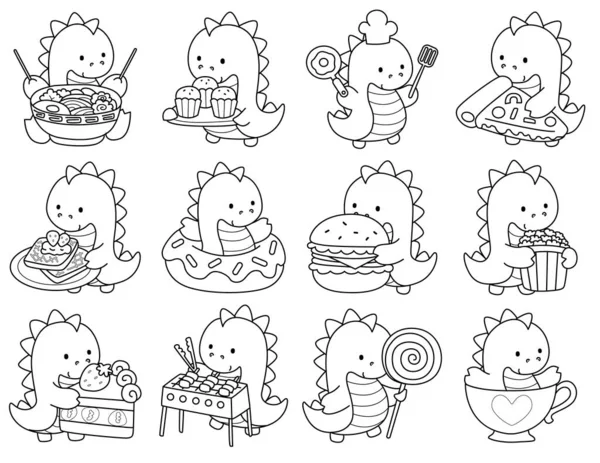 Çocuklar için sevimli dinazor karakter klipsi sanatı boyama kitabı. Dinazorların abur cubur ve abur cubur zamanı çeşitleri