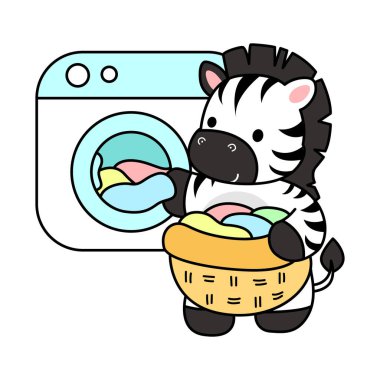 Çocuklar için şirin Zebra karakteri klipsi resimleri. Zebra çamaşır makinesindeki çamaşırları temizliyor.