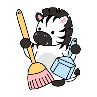 Çocuklar için şirin Zebra karakteri klipsi resimleri. Zebra bir süpürge ve toz bezi getir.
