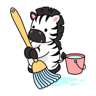 Çocuklar için şirin Zebra karakteri klipsi resimleri. Zebra yerleri paspasla temizliyor.