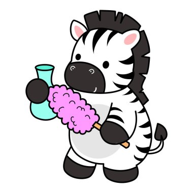 Çocuklar için şirin Zebra karakteri klipsi resimleri. Zebra vazoyu toz beziyle temizliyor.