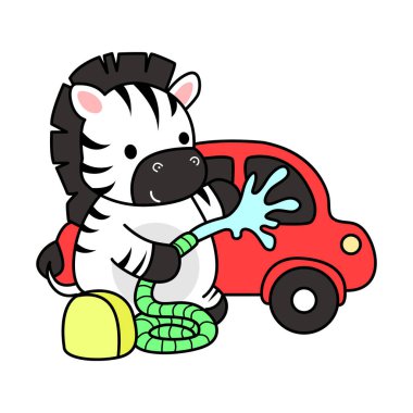 Çocuklar için şirin Zebra karakteri klipsi resimleri. Zebra araba yıkıyor.