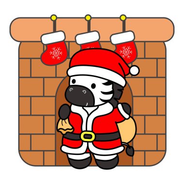 Çocuklar için şirin Zebra Noel karakteri klip resimleri. Zebra şöminede.