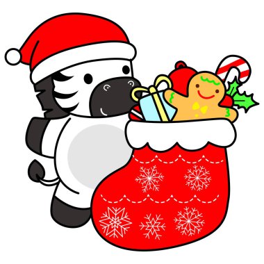 Çocuklar için şirin Zebra Noel karakteri klip resimleri. Zebra kırmızı çorap getir.