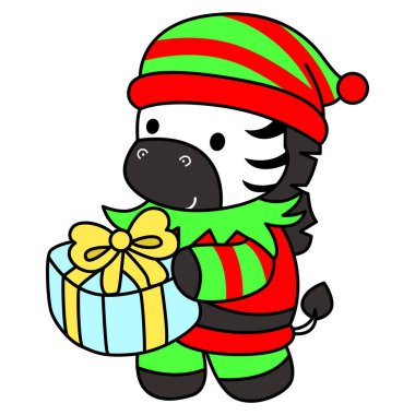 Çocuklar için şirin Zebra Noel karakteri klip resimleri. Zebra cüce kostümü giyip hediye paketi getirmiş.