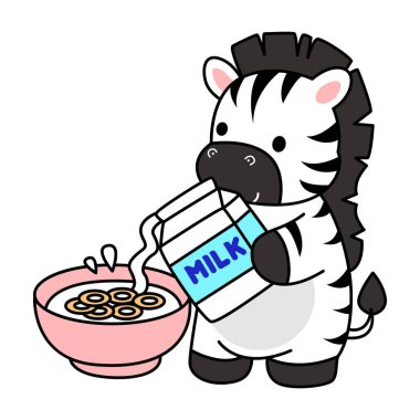 Çocuklar için şirin Zebra karakteri klipsi resimleri. Zebra mısır gevreği kasesine süt döküyor.