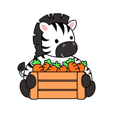 Çocuklar için şirin Zebra karakteri klipsi resimleri. Zebra bir sürü havuç getirmiş.