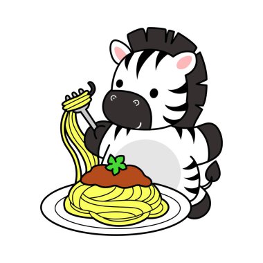 Çocuklar için Zebra karakter klipsi sanatının boyama kitabı. Zebranın ana hatları spagetti yemek istiyor.